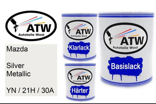 Mazda, Silver Metallic, YN / 21H / 30A: 1L Lackdose + 1L Klarlack + 500ml Härter - Set, von ATW Autoteile West.
